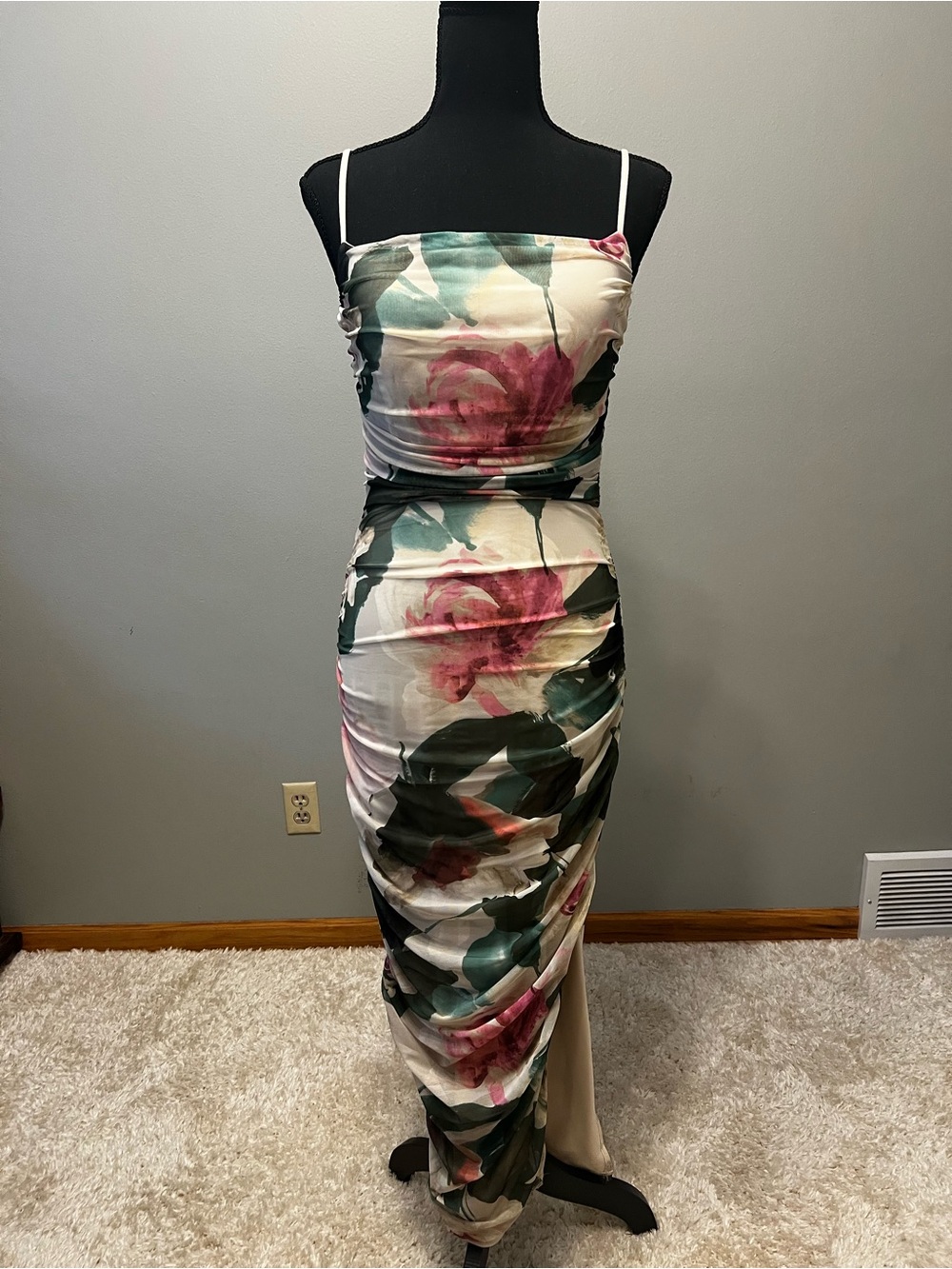 Express Floral Ruched Maxi Dress in Cream, Pink & Green